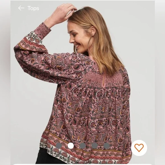 NWOT Superdry Smocked Long Sleeve Peasant Top Size 4 Mixed Print - Picture 3 of 9